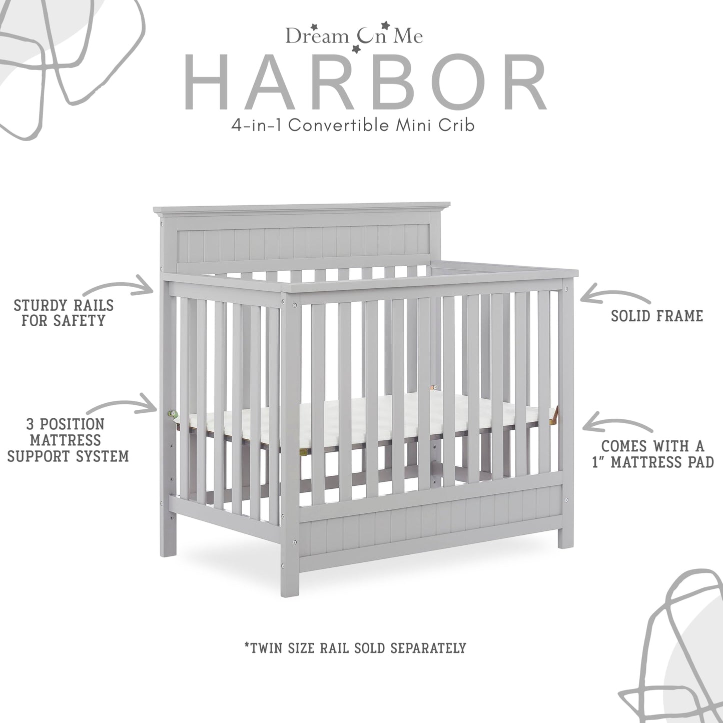 Dream On Me Harbor 4-In-1 Convertible Mini Crib In Pebble, Greenguard Gold Certified
