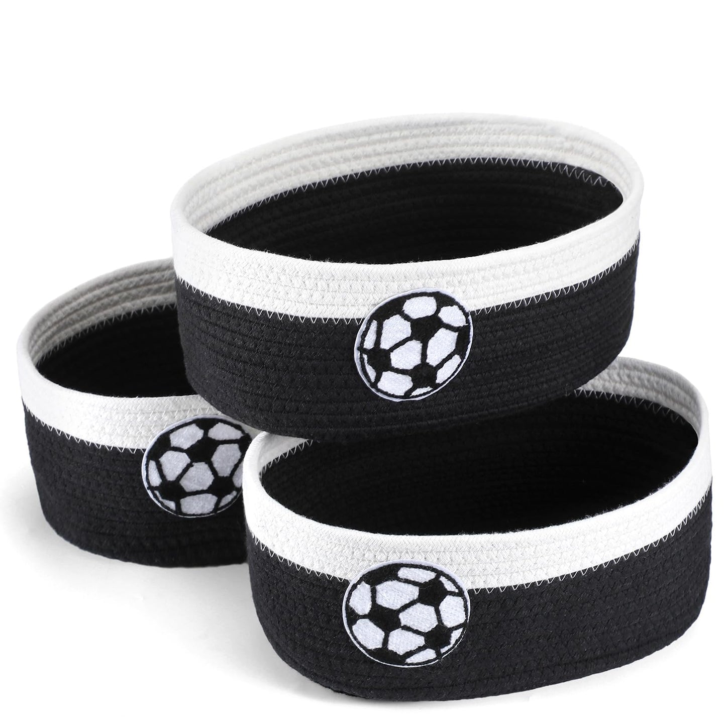 Geelin 3 Pcs Soccer Storage Baskets Black and White Cute Small Woven Rope Gift Baskets Rectangle Shelf Organizer Bins for Closet