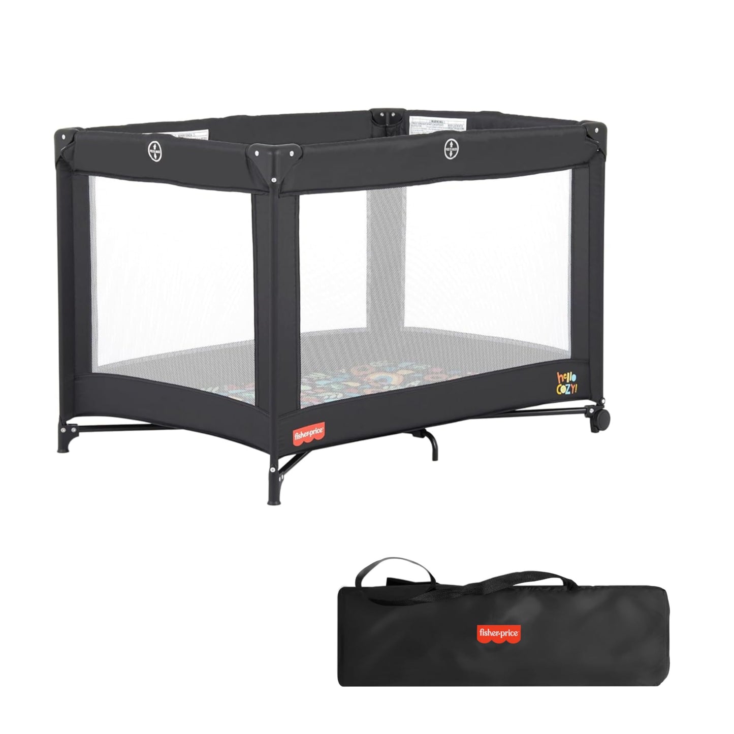 Fisher-Price Play All Day Baby Playard In Black, No Tool Assembly, Easy One-Hand Fold Playard, Breathable Mesh Sides, Carry Bag