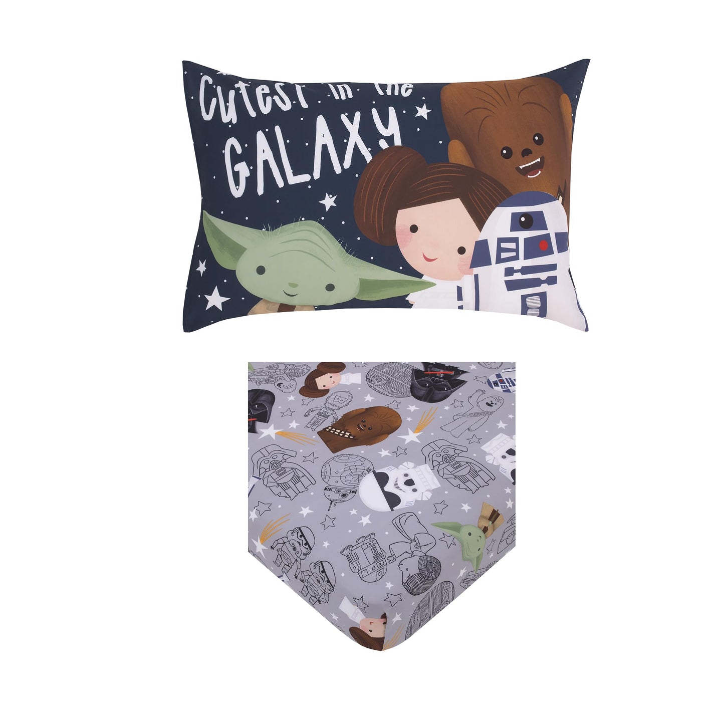 Star Wars Welcome To The Galaxy Navy And Gray Yoda, Princess Leia, R2-D2, And Chewbacca 2 Piece Toddler Sheet Set - Fitted Botto