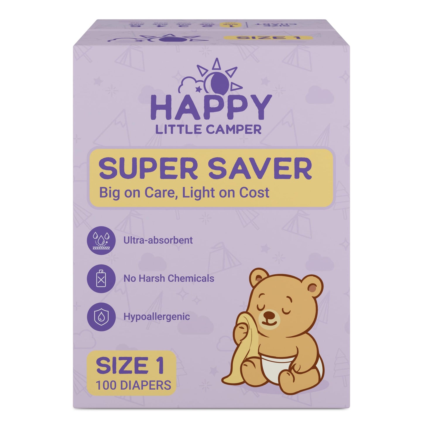Happy Little Camper Super Saver Diapers, Size 1, 100 Count | Budget-Friendly Disposable Baby Diapers for Sensitive Skin | Hypoal