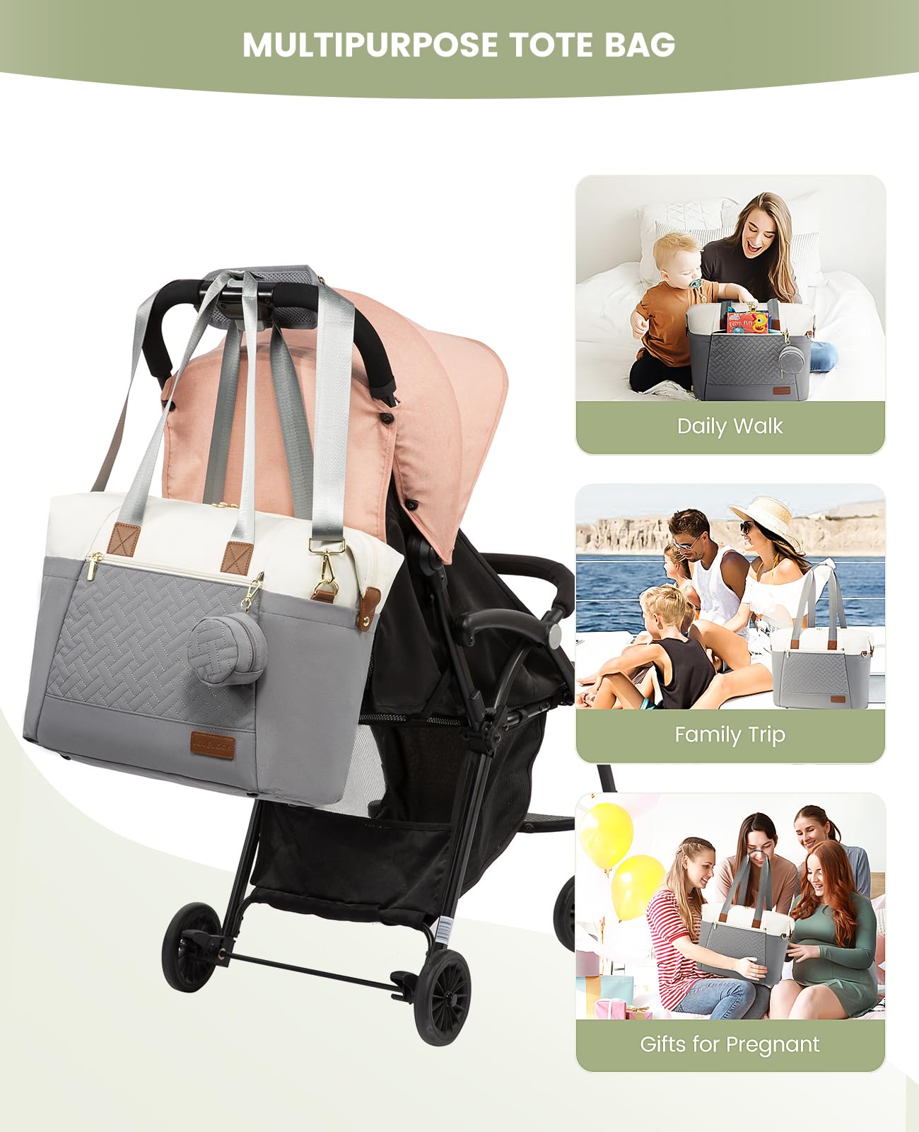 Lovevook Diaper Bag Tote, Large Baby Tote Bag, Travel Diaper Tote For Mom And Dad With Changing Pad And First Aid Bag,Gray/Beige