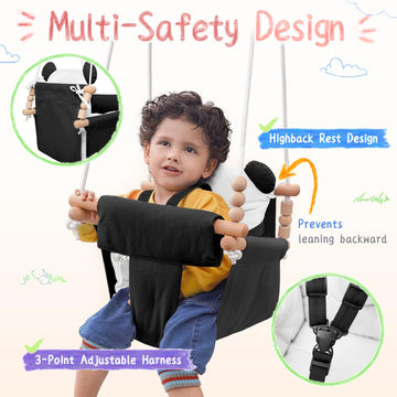 Baby Swing Indoor Outdoor,Secure Canvas Baby Swing, Toddler Swing Seat,Wooden Hanging Swing For Infant,3-Point Adjustable Safety