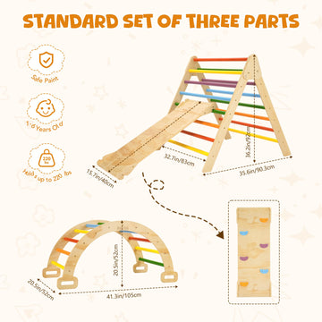 Cozibb Pikler Triangle Set, 5 In 1 Large Wooden Montessori Climbing Toys (Rainbow, Large: 3-6+ Years)