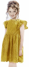 2Bunnies Girl Baby Toddler Vintage Lace Pom Pom Flutter Sleeve Easter Birthday Outfit Dress (Mustard, 2T)
