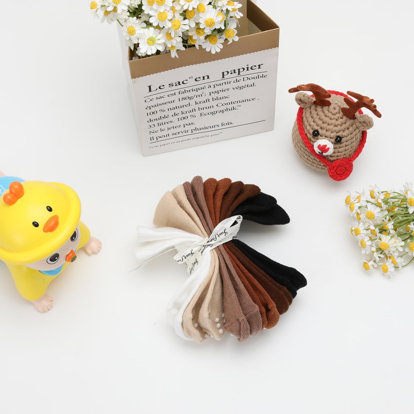 Jakidar 12 Pack Baby Socks Cotton Crew Toddler Socks Grips Non Slip Bottom Kids Socks, Khaki Dark Brown Latte Color 6-12M