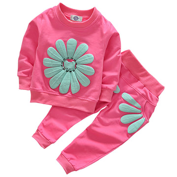 Toddler Baby Girls Sunflower Clothes Set Long Sleeve Top And Pants 2Pcs Outfits Fall Clothes (Rose Red,Age 2T)