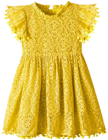 2Bunnies Girl Baby Toddler Vintage Lace Pom Pom Flutter Sleeve Easter Birthday Outfit Dress (Mustard, 7/8)