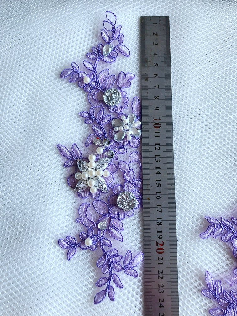 Wtbv.N 23X9Cm Sew On Beaded Rhinestones Light Purple Lace Applique Veil Manual Diy Accessories 2Pcs/Bag