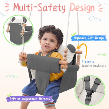 Baby Swing Indoor Outdoor, Secure Canvas Seat For Infant Toddler, Wooden Hanging With 3-Point Adjustable Safety Harness, Mountin