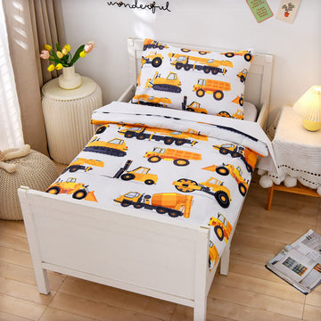 Ntbed 4 Pieces Construction Toddler Bedding Set For Baby Boys, Truck Vehicles Excavator Cars Printed, Includes Comforter, Flat S