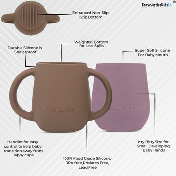 Bravejusticekidsco. | Teenie Tiny Silicone Developmental Baby-Led Weaning Drinking Cups (2 Pack) (Warm Taupe And Mauve)