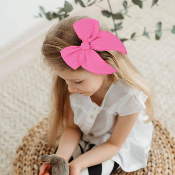 5.5 Inch Hot Pink Fable Hair Bow: Handmade Linen Cotton Hair Clip For Girls - 1 Pcs