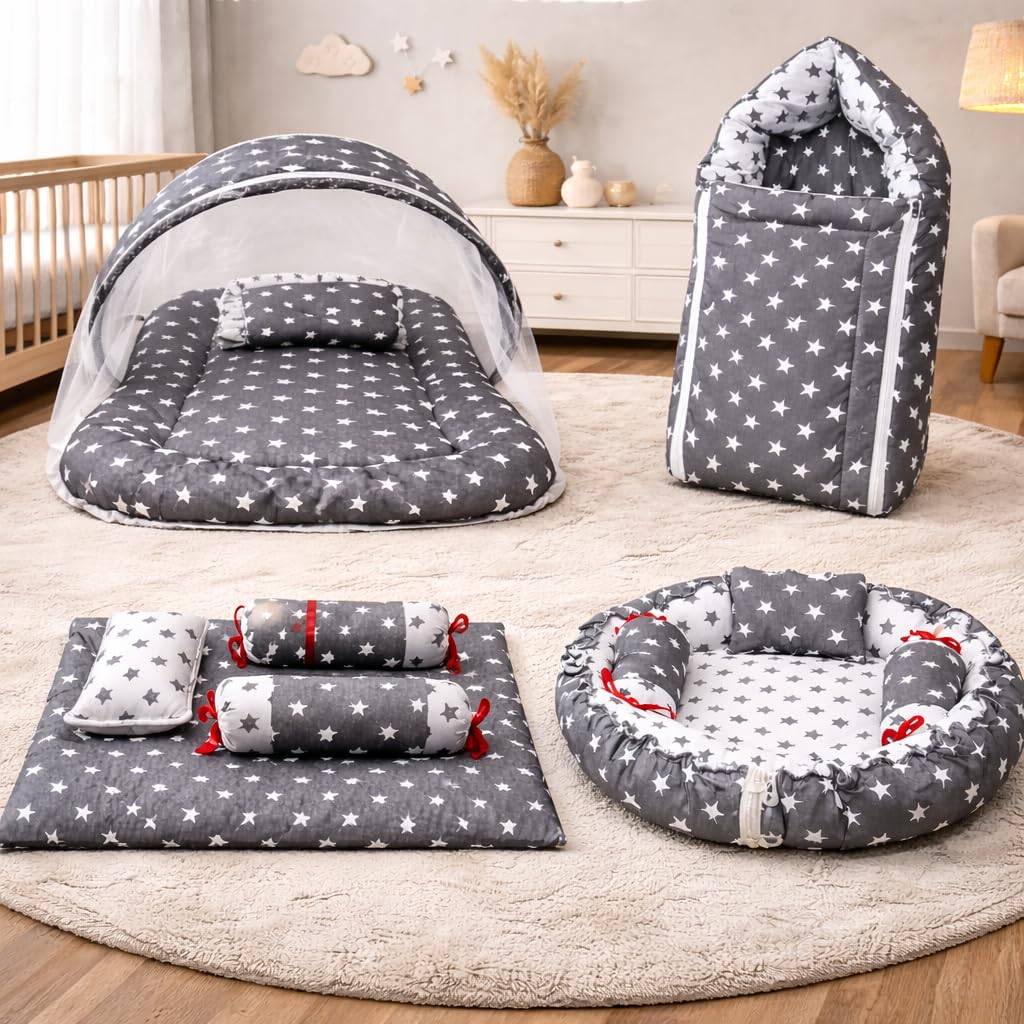 MOM & SON Baby 4 Pcs Cotton Bedding Set | Mosquito Net|Carry Nest | Round Baby Mattress|(06 Months)(Pack of 4)