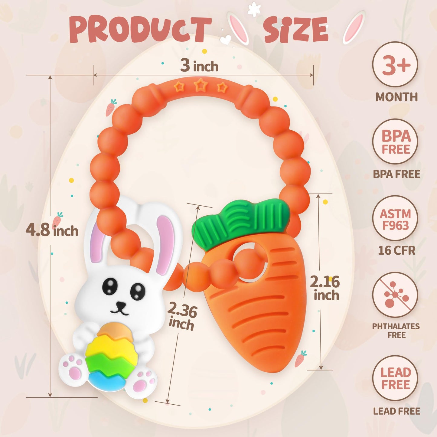 Easter Silicone Teething Toys, 3 Months+, Bunny & Carrot, Infant Baby Easter Basket Stuffers For Babies, Baby Teether Toy, Carro