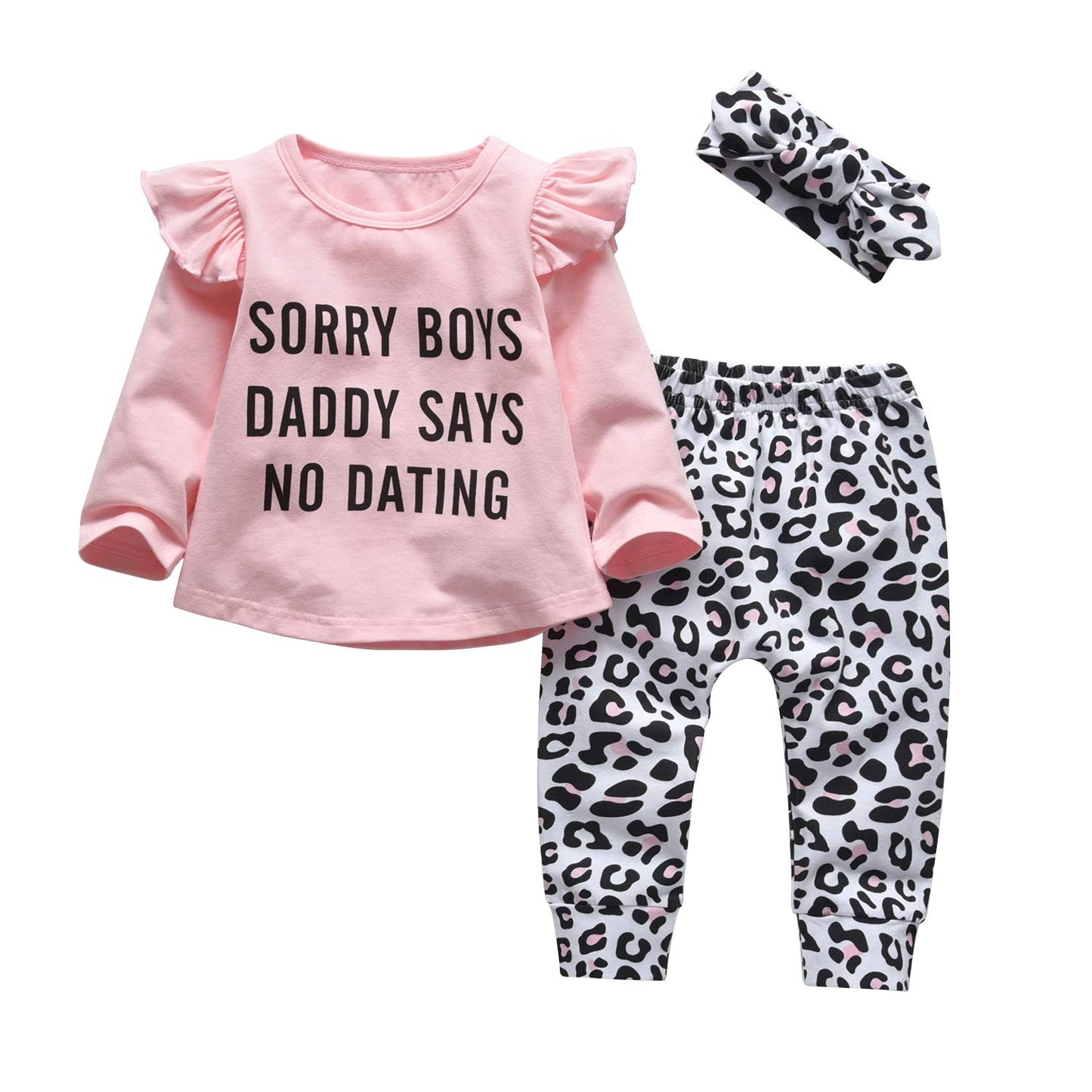 3Pcs Baby Girl Clothes Sorry Boys Daddy Says No Dating Long Sleeve Letter Tops Leopard Pants And Headband Outfit Set (6-9 Months