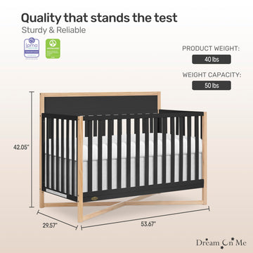 Dream On Me Owen 5-In-1 Convertible Crib In Matte Black, Greenguard Gold & Jpma Certified Baby Crib, Converts From Crib To Toddl