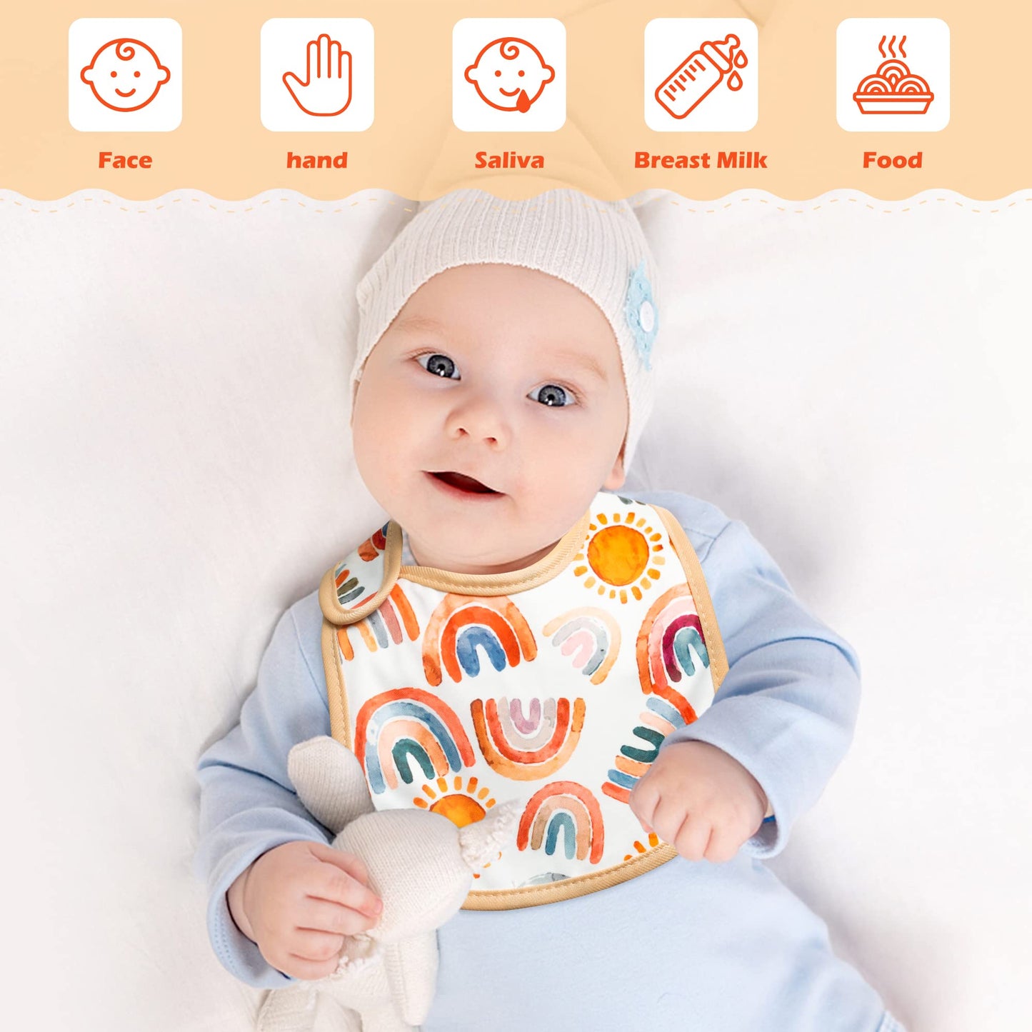 2Ooya 7Pcs Cotton Waterproof Baby Bibs Adjustable Hook Loop Closure Baby Bib With Rainbow Pattern Unisex Newborn Baby Food Bib F