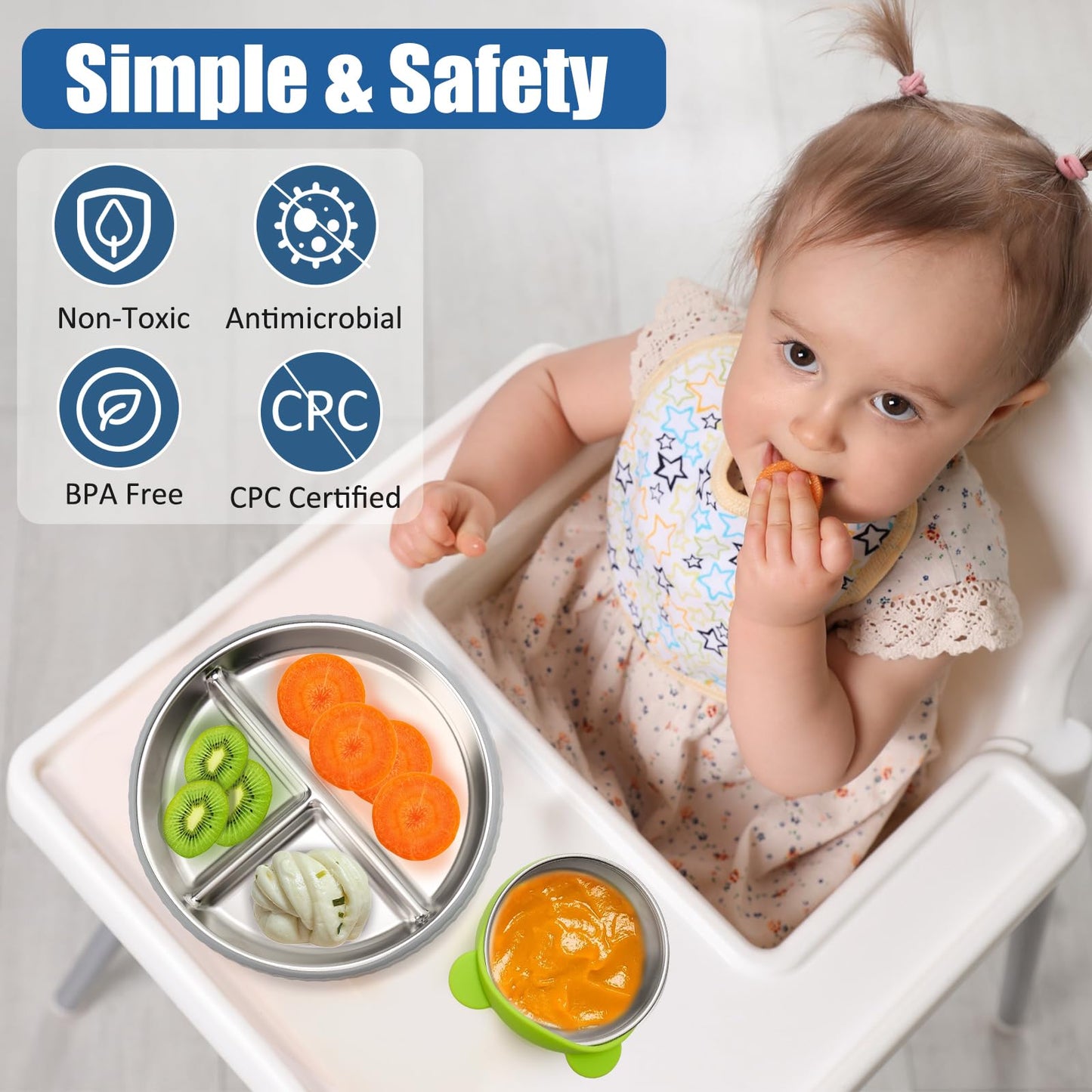 Misslili Stainless Steel Kids Plates And Bowls With Suction, Divided Baby Plate And Toddler Bowl With Removable Silicone Suction