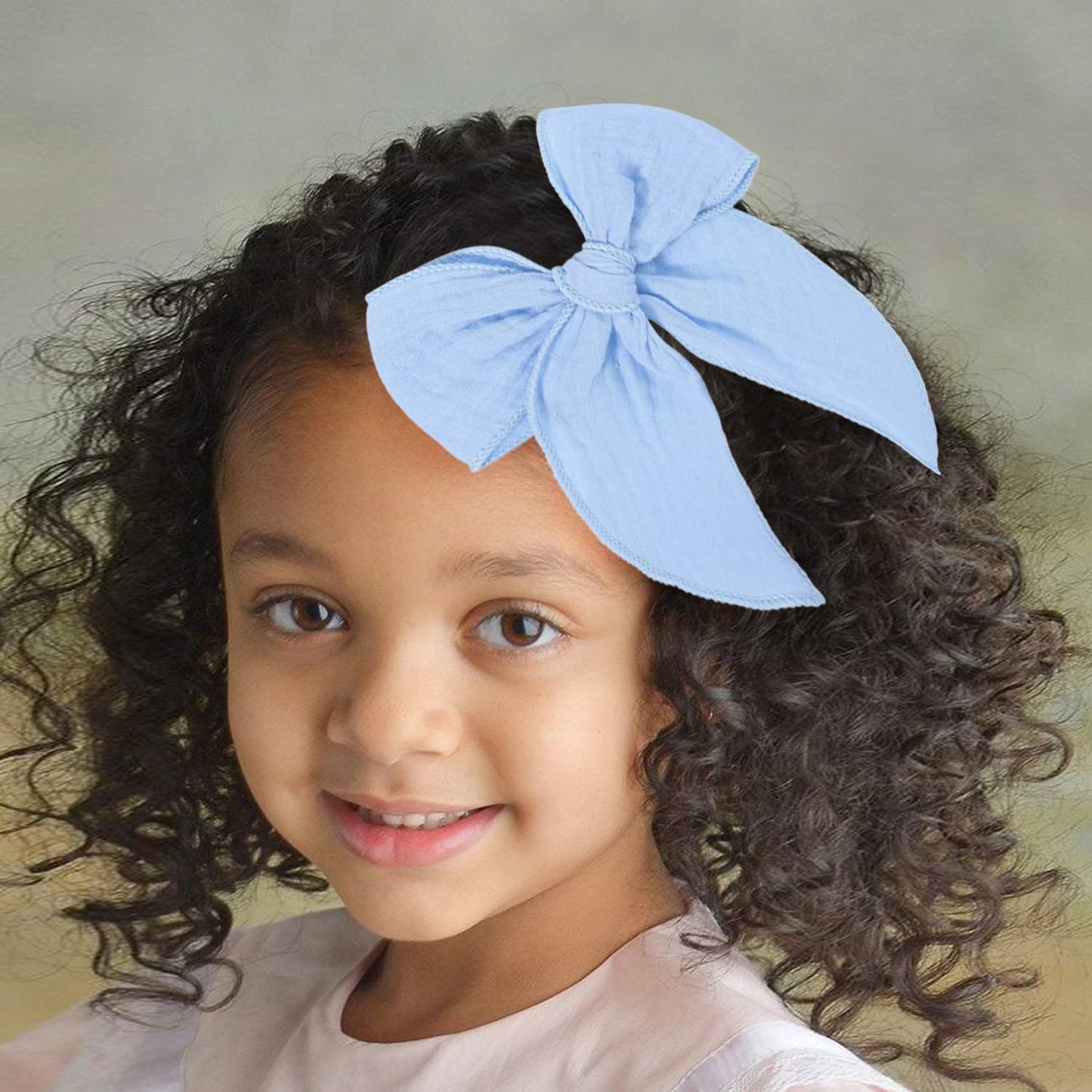 5.5 Inch Sky Blue Fable Hair Bow: Handmade Linen Cotton Hair Clip For Girls - 1 Pcs