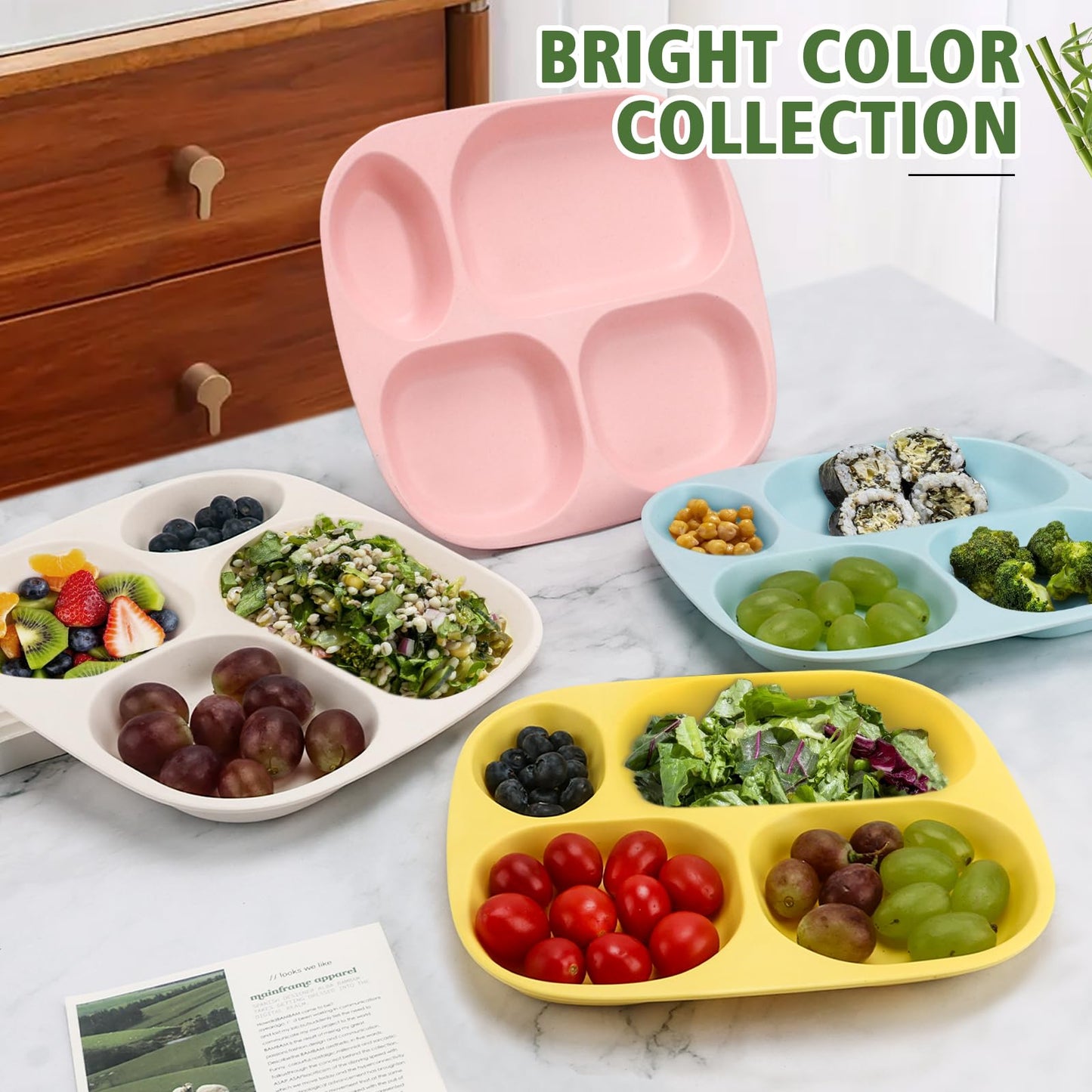 Shopwithgreen Bamboo Divided Plates For Kids Adults - Dinnerware Set For Toddlers Kids Children Baby, Toddler Dinner Plates, Bpa