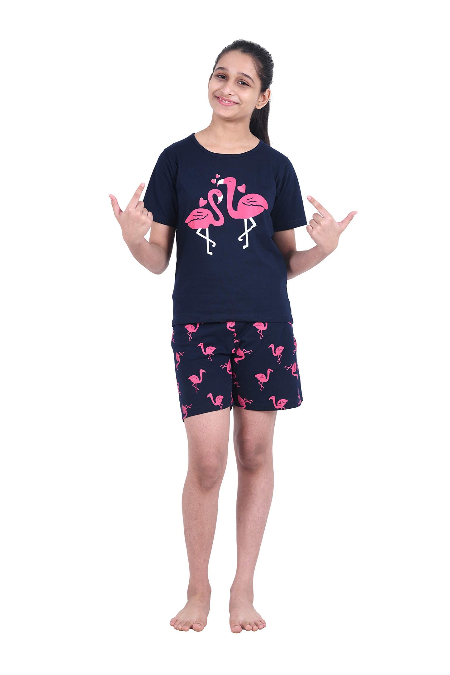 FUNKRAFTS Kids Half Sleeves All Day/Night Wear Dress Night Suit TShirt & Shorts Cotton for Girls Flamingo Print(4 to 5 Years Ol