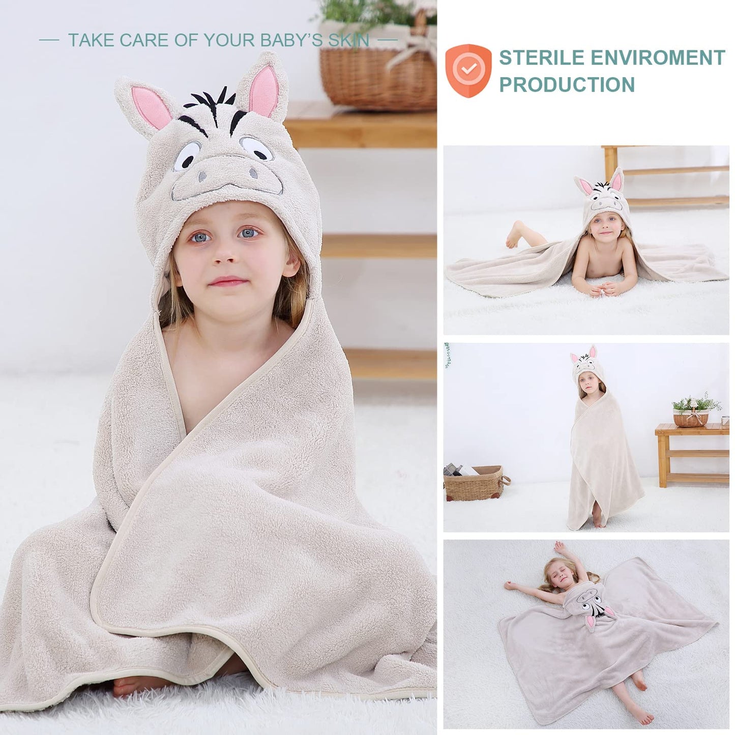 Michley Cartoon Hooded Baby Towel Unisex, Premium Soft Swimming Bathrobe Large Washcloths 27.5 ' X 47 ' For 0-7T (Zebra)