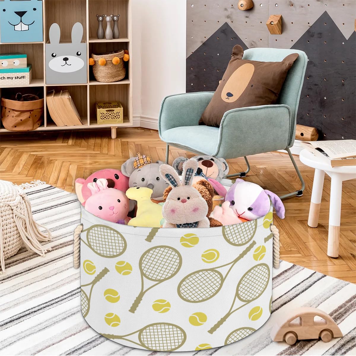 Pardick Large Round Storage Basket Sports Tennis Collapsible Circle Storage Bin Laundry Hamper With Handle For Kids Boy Girls To