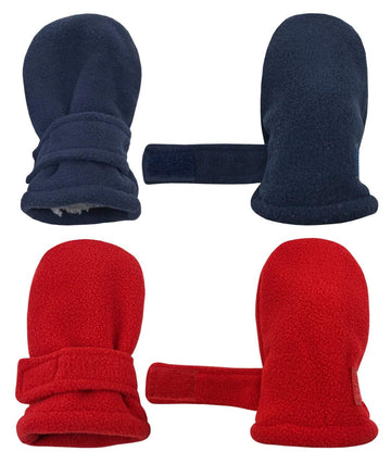 N'Ice Caps Baby Toddler Mittens Kids 2 Pairs Fleece Gloves Winter Warm Sherpa Lined (Navy/Red - Infant No Thumbs, 6-18 Months)