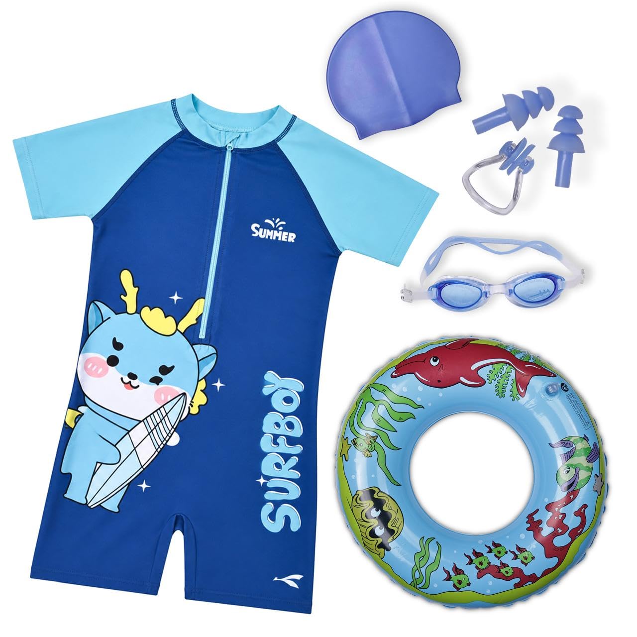 Rar Sports 6In1 Kids Swimming Set | Polyester Swim Suit With Swimming Cap, Goggles, Nose Clip, Ear Plugs & Inflatable Swim Rin