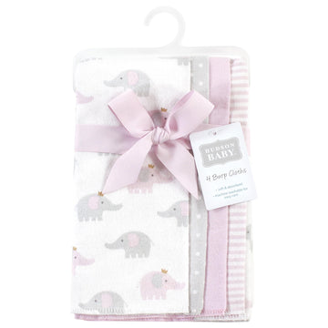 Hudson Baby Unisex Baby Cotton Flannel Burp Cloths, Lilac Elephants 4 Pack, One Size