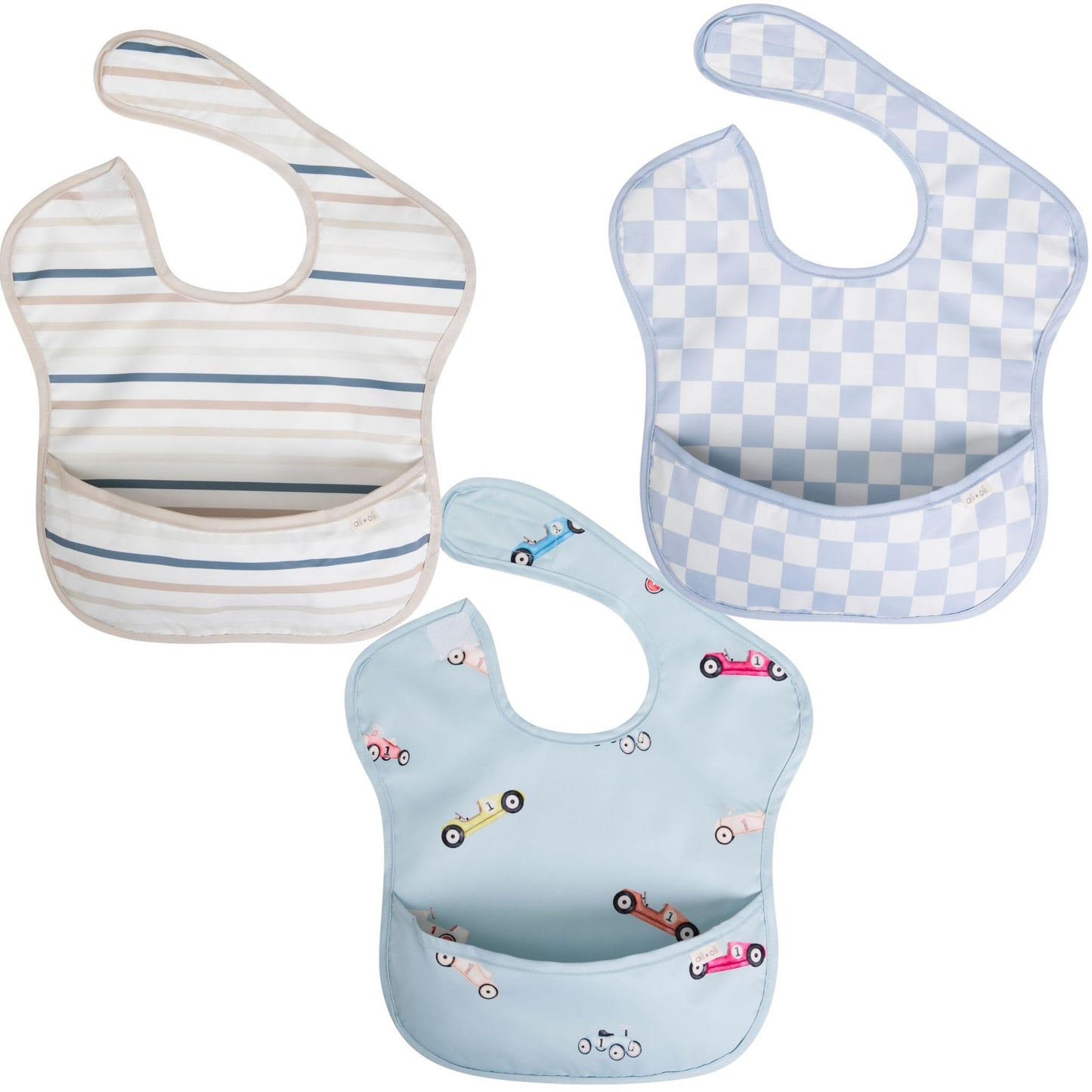 Ali+Oli Smock Bib for Baby (3-pc) Sleeveless Set (Boys) BPA-Free Oeko-Tex Certified, Mess Proof Baby Bib for Eating, Waterproof