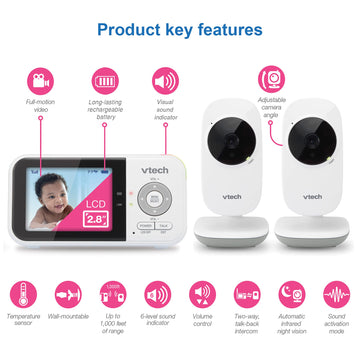 Vtech Vm819-2 Video Baby Monitor With 19-Hour Battery Life, 2 Cameras, 1000Ft Long Range, Auto Night Vision, 2.8