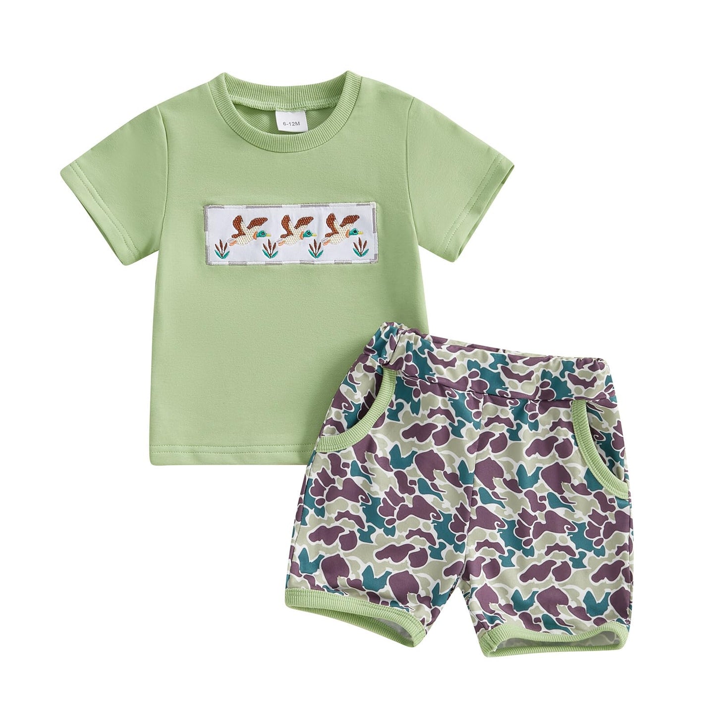 PUHHAPIEY Toddler Baby Boy Summer Clothes Retro Embroidery Duck Hunting Shirts T-Shirt + Elastic Camouflage Shorts Set (Light Gr