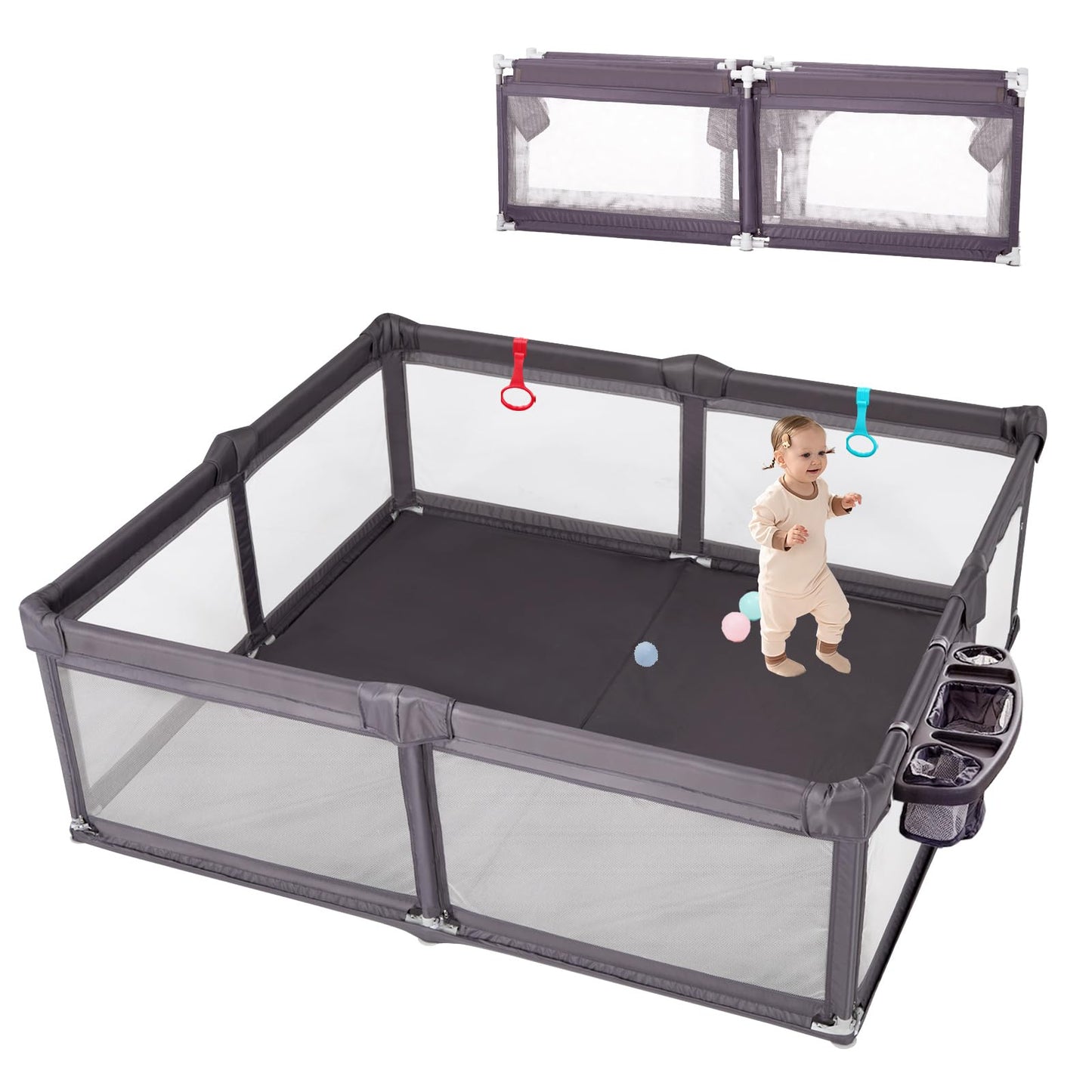 Foldable Playpen for Babies & Toddlers, 79x59, Adjustable Play Yard for Toddlers 1-3, Indoor & Outdoor Baby Gate, Deep Grey