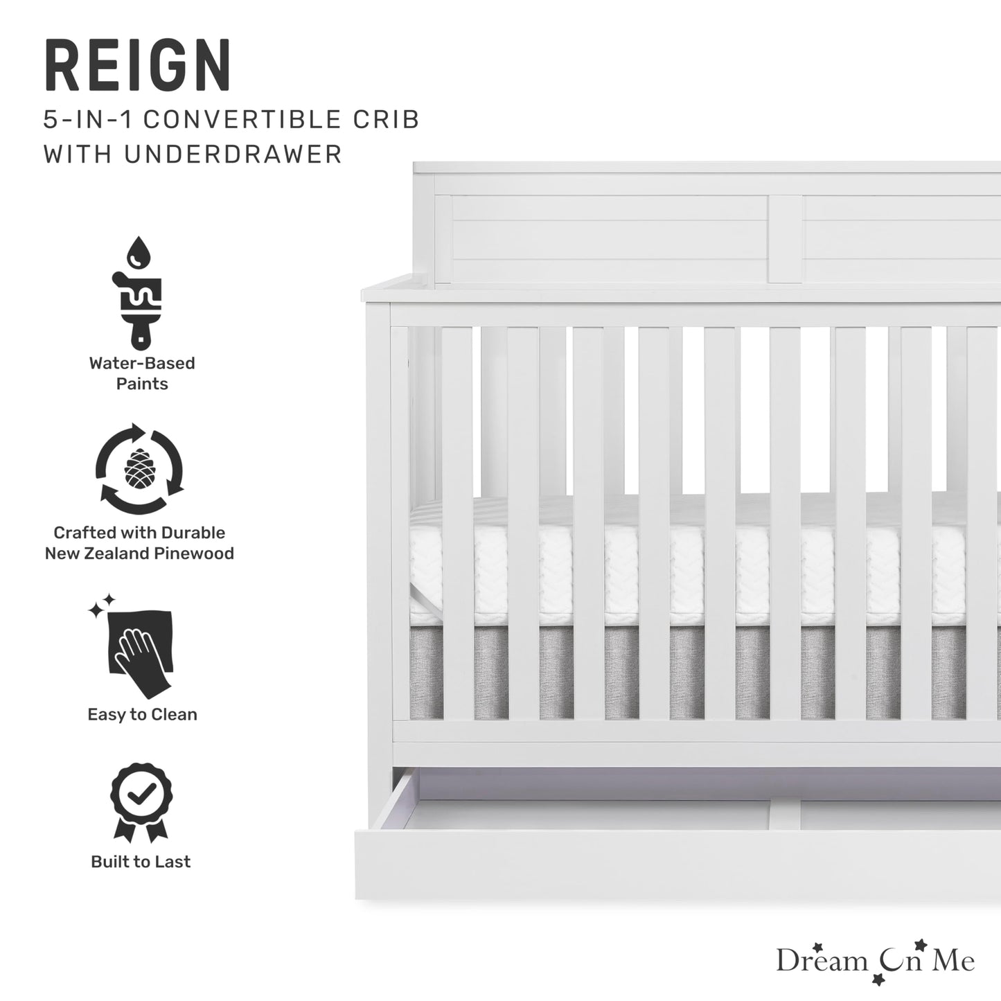 Dream On Me Jpma & Greenguard Gold Certified Reign 5 In 1 Convertible Crib With Under Drawer In White, Made Of Sustainable Pinew