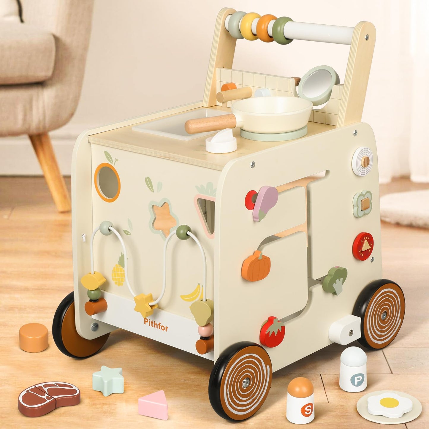Pithfor Wooden Baby Walker, 3-in-1 Baby Push Walker, with Pretend Kitchen, Montessori Sensory Activity Center, Push Walker Toys