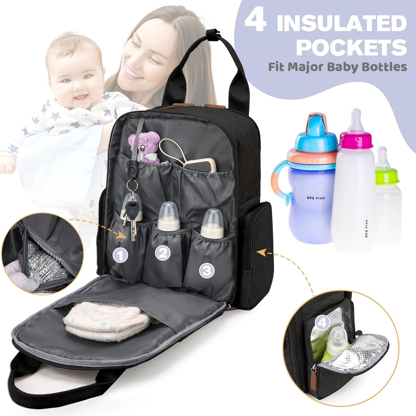 JSTPRO Diaper Bag Backpack - Large Diaper Bag with Portable Changing Pad as Baby Shower Gifts, Lightweight Waterproof Unisex Tra