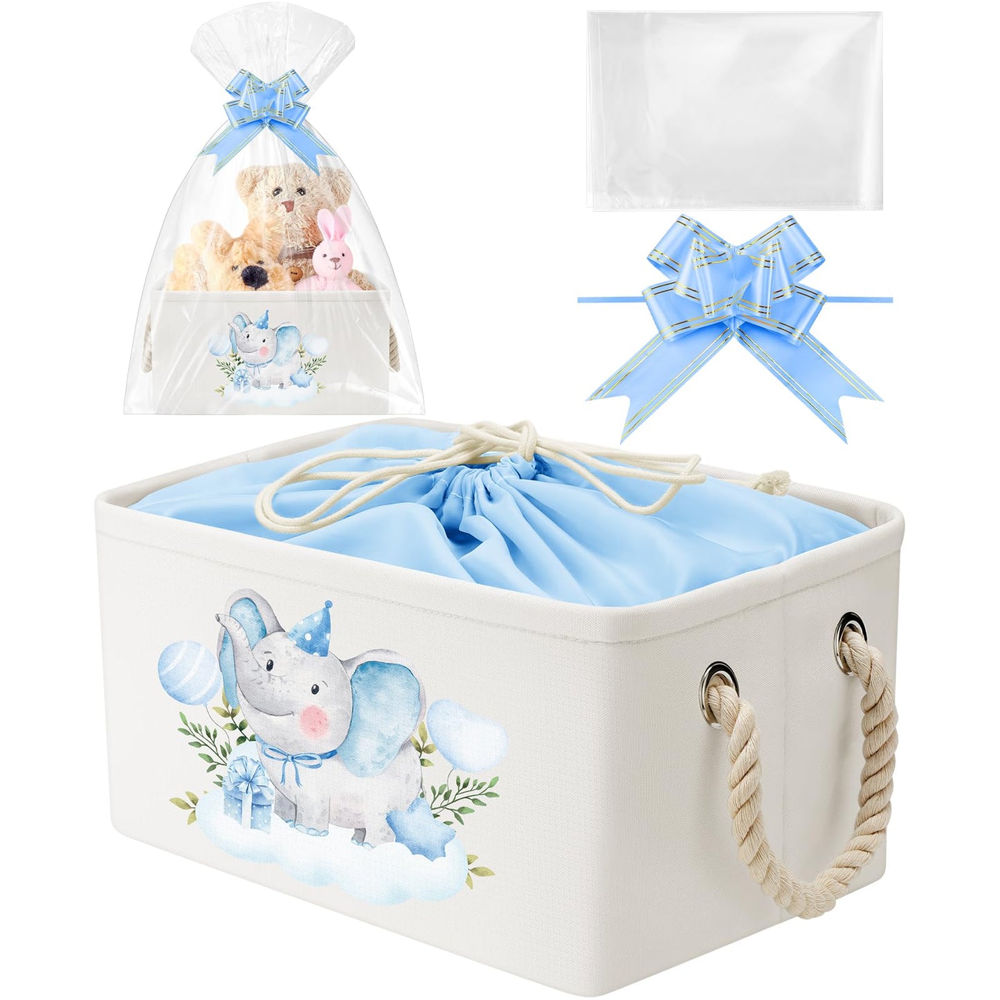 Pickmesh Baby Shower Storage Basket with Gift Bags Rectangular Ribbons Collapsible Canvas Storage Bin with Handles for Diaper Or