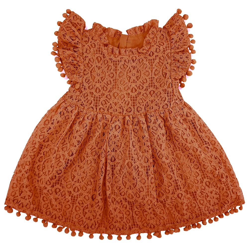 Bgfks Baby Girl Tutu Dress Elegant Lace Pom Pom Flutter Sleeve With Flower Headband Set(Brick Red,12 Months)