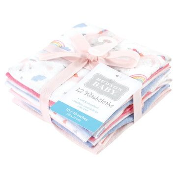 Hudson Baby Unisex Baby Flannel Cotton Washcloths, Unicorns Rainbows 12 Pack, One Size