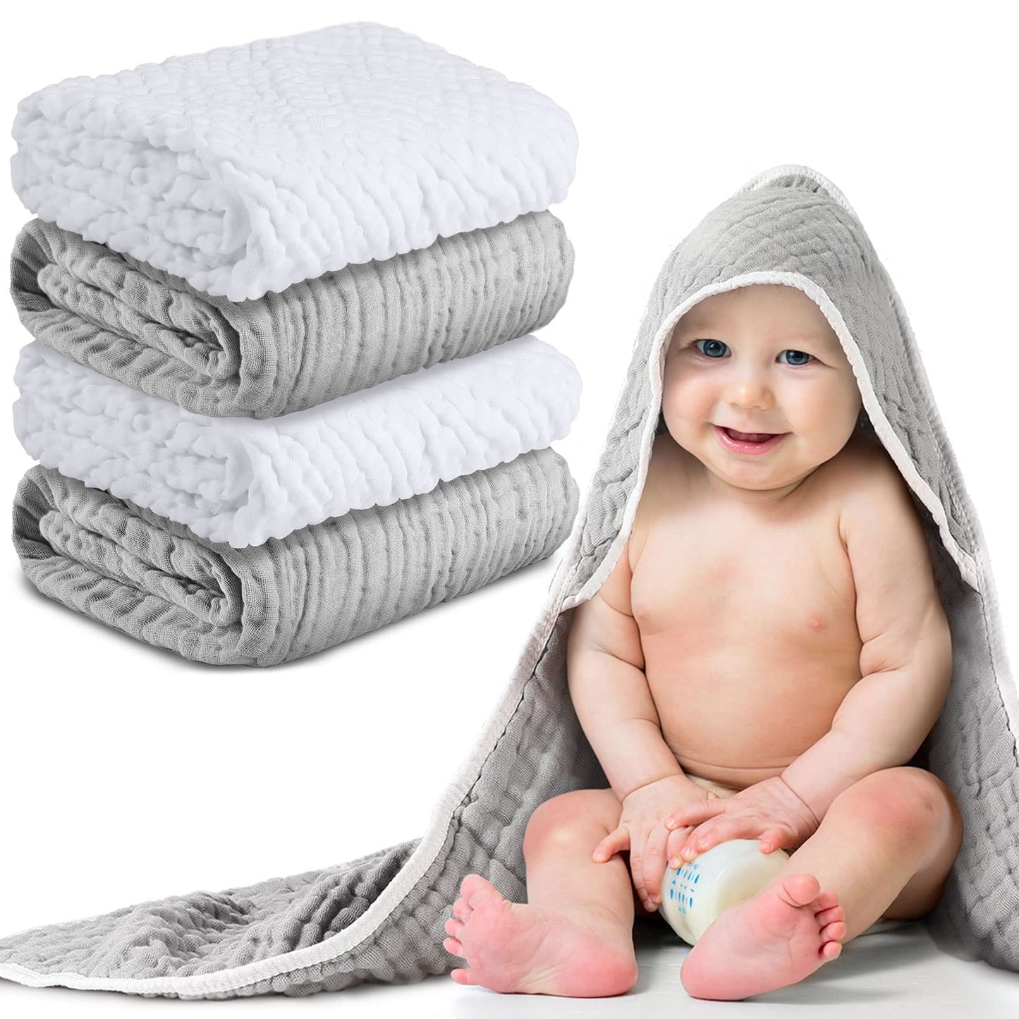 Chumia 4 Pieces Muslin Hooded Baby Towels for Newborn Girls Boys 32x 32 Cotton Infant Bath Towel Absorbent Unisex Hooded Blanket