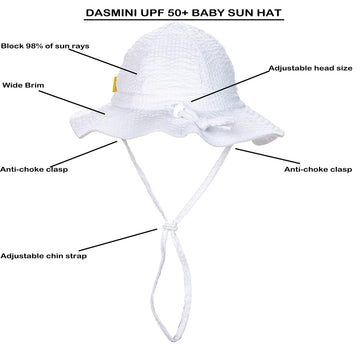 Dasmini Baby & Toddler Wide Brim Sun Hats Upf 50+ Sun Protection Bucket Cap Cute Adjustable Hat(White+Sky,0-6M)
