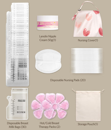 Breastfeeding Essentials Kit For Nursing Moms - Pads, Cover, Nipple Cream 50G, Breastmilk Storage Bag, Hot And Cold Breast Thera