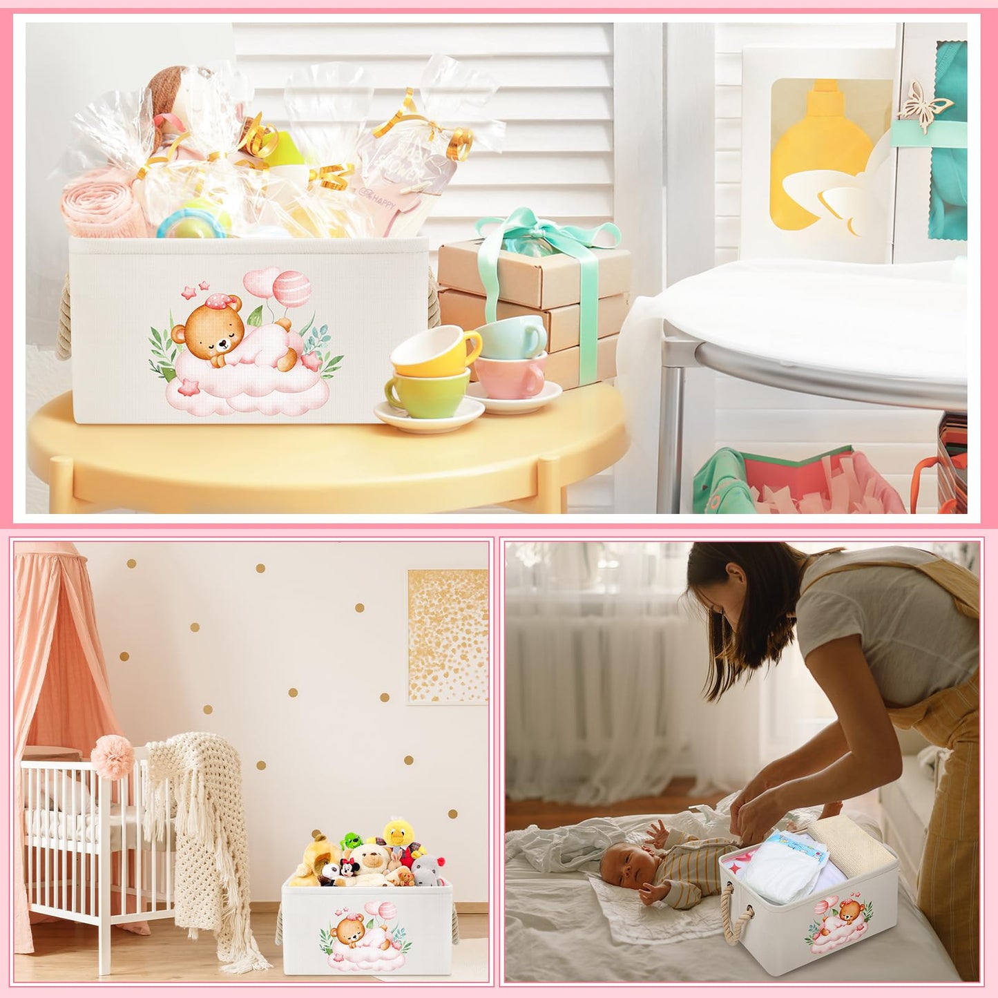 Pickmesh Rectangular Baby Storage Basket With Gift Bags Ribbons Collapsible Large Canvas Storage Bin With Handles For Organizing