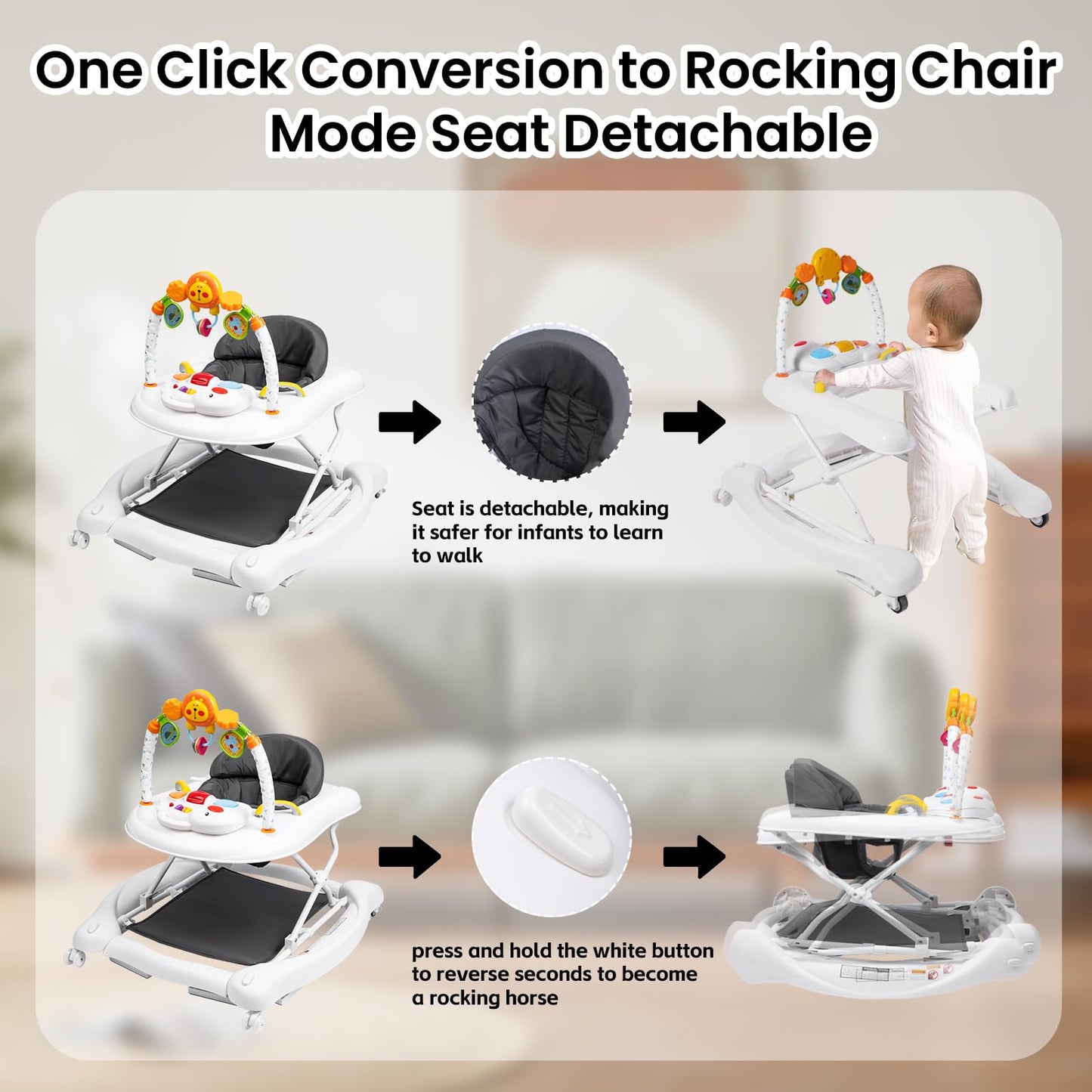 Boyro Baby 5-In-1 Baby Walker, Baby Walkers For Boys Girls 6-18 Months, Foldable Activity Walker, Toddler Infant Walker With Bou