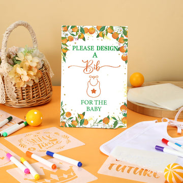 Panitay 100 Pcs Diy Baby Bibs Decorating Kit 50 White Bibs 25 Stencils 24 Fabric Markers 1 Baby Shower Game Sign(Orange)