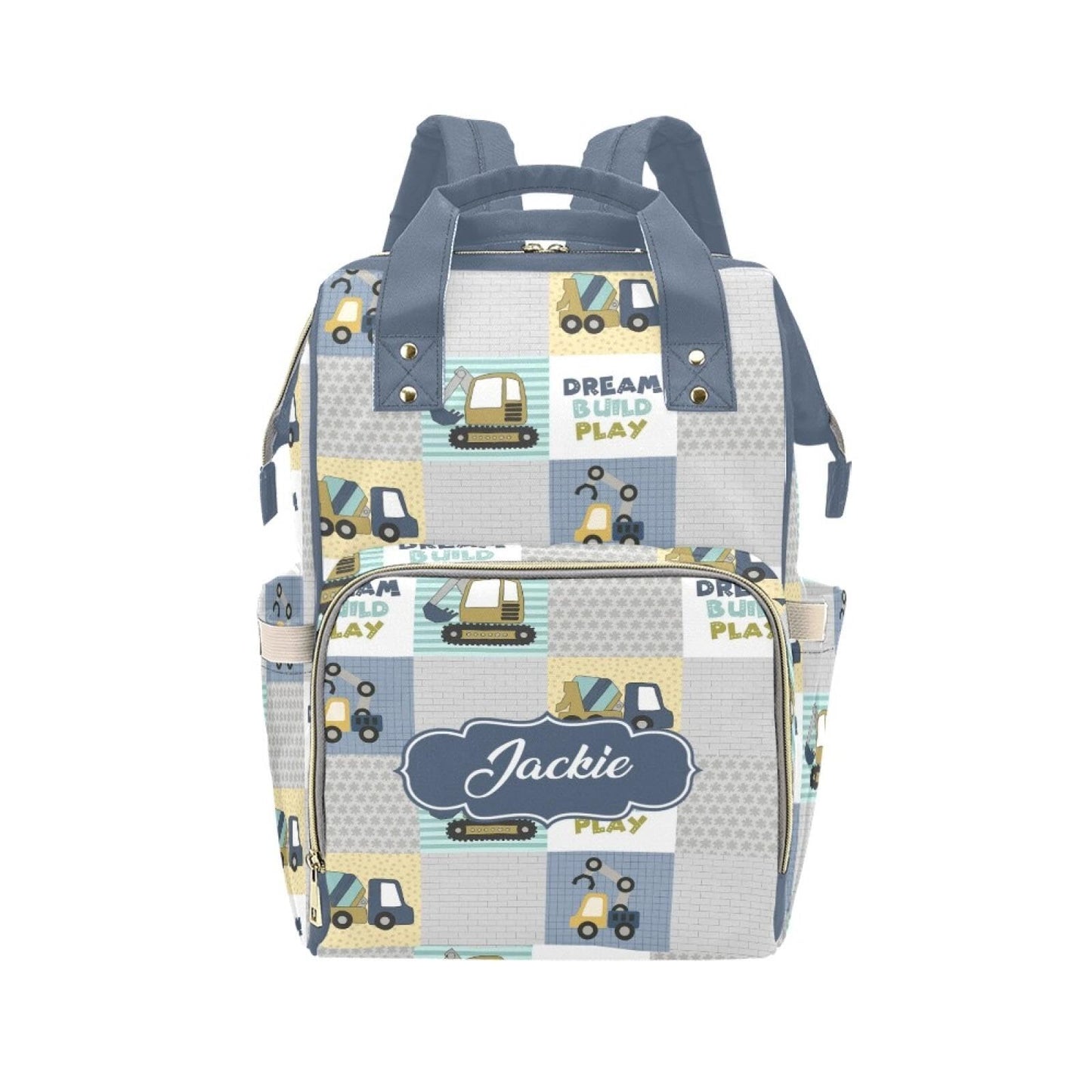 Custom Construction Baby Diaper Bag with Name - Personalized Nursing Travel Tote Backpack for Mom or Dad, Custom Name Baby Daypa