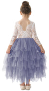 2Bunnies Girl Peony Lace Back A-Line Tiered Tutu Tulle Flower Girl Dress (Gray Long Sleeve Maxi, 9-10Yrs)