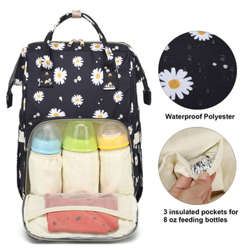 Xunteny Daisy Baby Diaper Bag Backpack For Girls Boys, Waterproof Large Maternity Nappy Bags For Mom (Black)